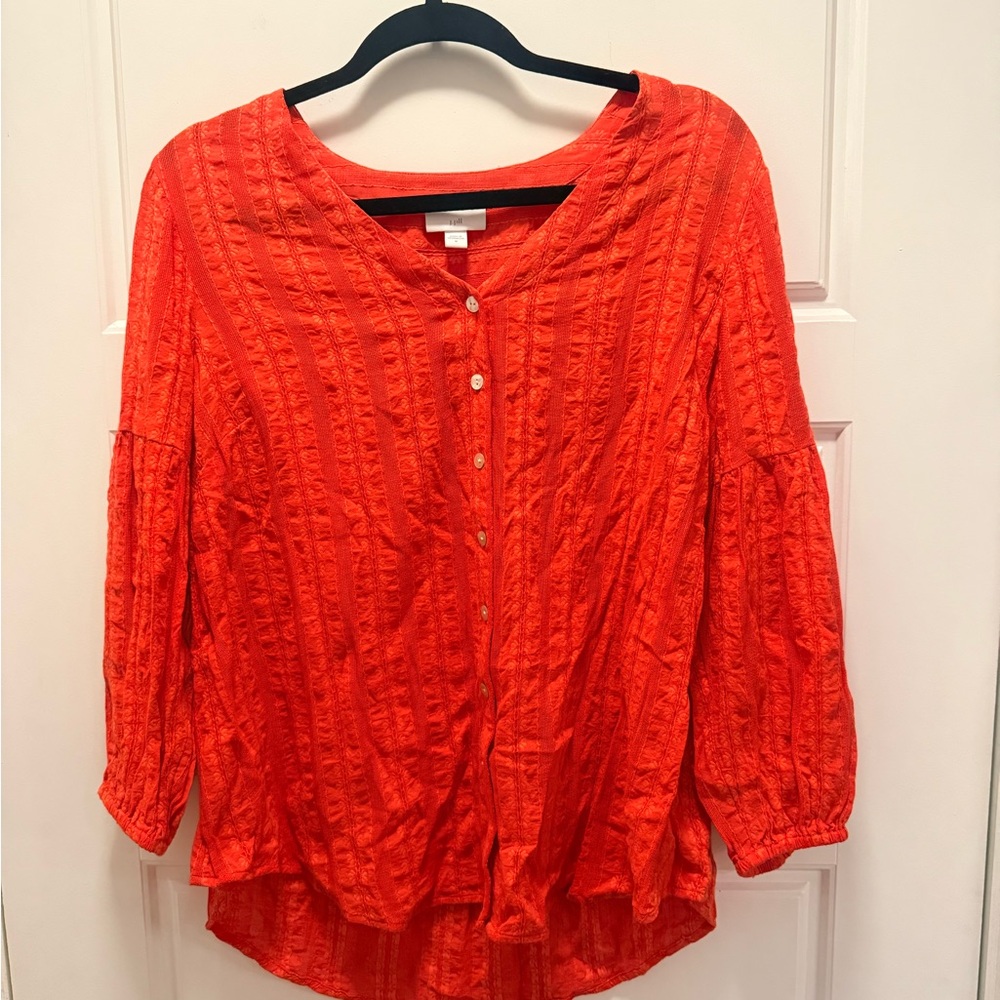 J.Jill Textured Button-Up Blouse Orange Women's 3/4 Sleeve V-Neck Top Medium